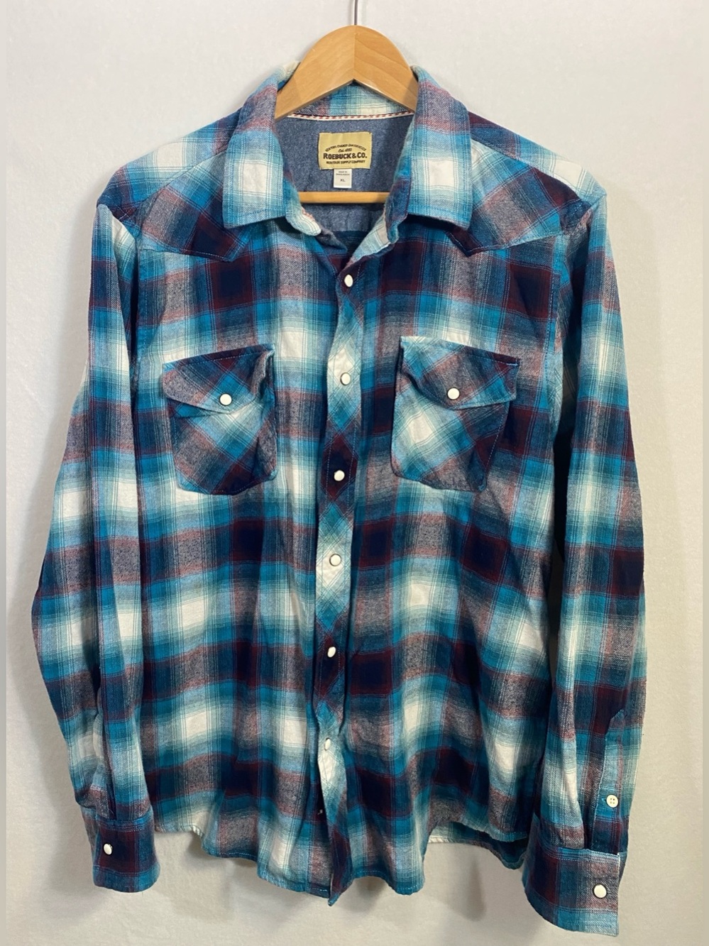 Roebuck & Company Men’s Vintage Plaid Flannel Button Breast Pocket Size XL